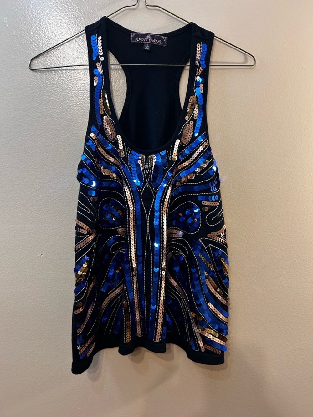 Almost Famous Black Sequin Tank with Blue and Gold Accents